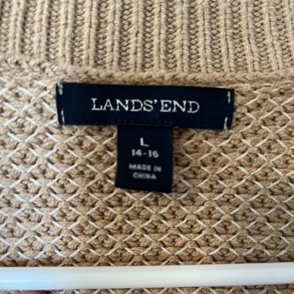 Lands' End Women's Open Front Camel and White Cardigan, Large - Picture 4 of 5